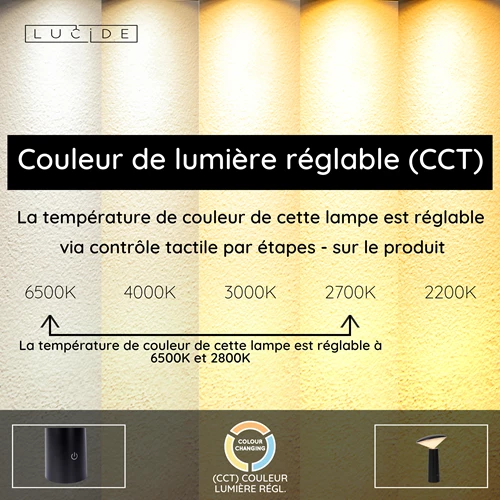 Lucide JIVE - Lampe de table Rechargeable Intérieur/Extérieur - Batterie/Piles - Ø 13,7 cm - LED Dim. - CCT - 1x3W 2800K/6500K - IP44 - Noir - USP